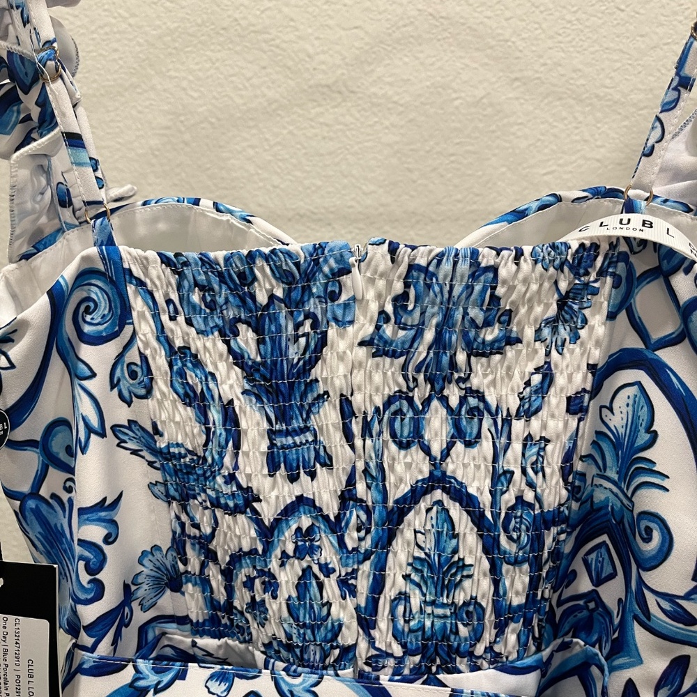 NWT CLUB L LONDON | One Day | Blue Porcelain Print Ruffle-Strap Belted Playsuit - Picture 8 of 12